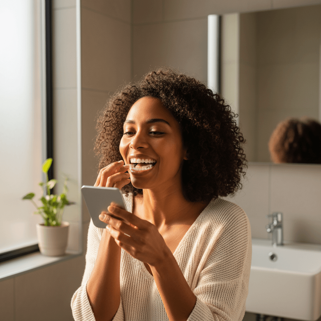 Woman applying whitening strips
