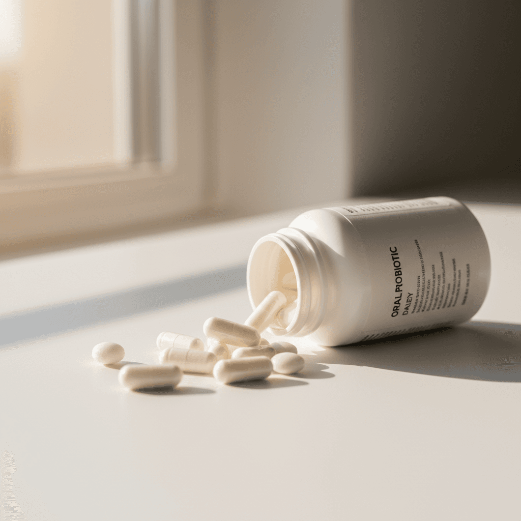 Oral probiotic capsules and bottle