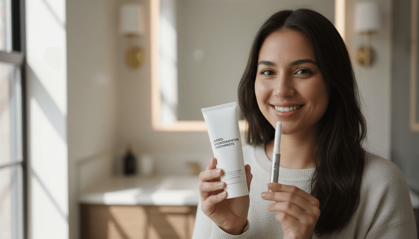 Person holding My Smile LLC nano-hydroxyapatite toothpaste and whitening pen with a natural smile