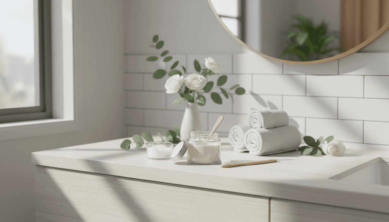 My smile llc oral care products arranged on a modern bathroom counter with a person reaching for one